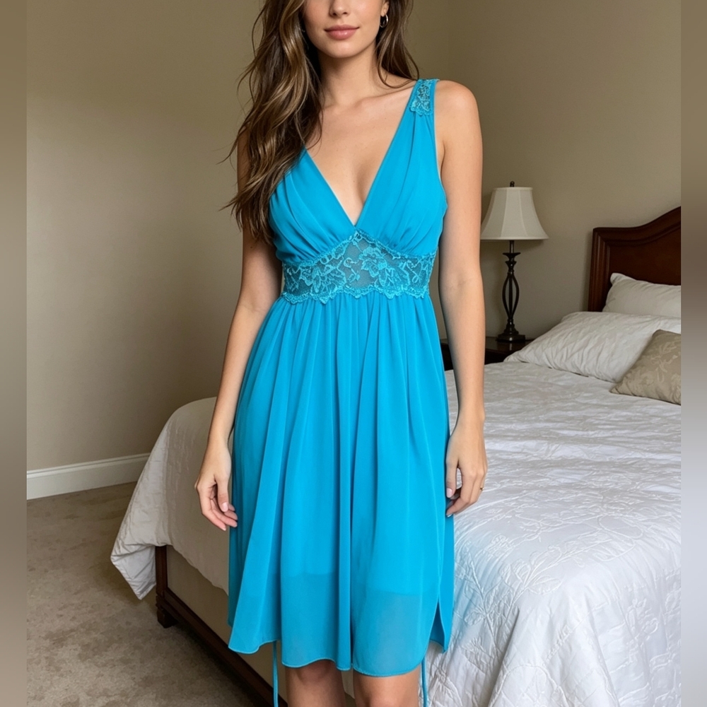 In Bloom Teal Lace-Back Chemise Sleep Dress Women’s Size S